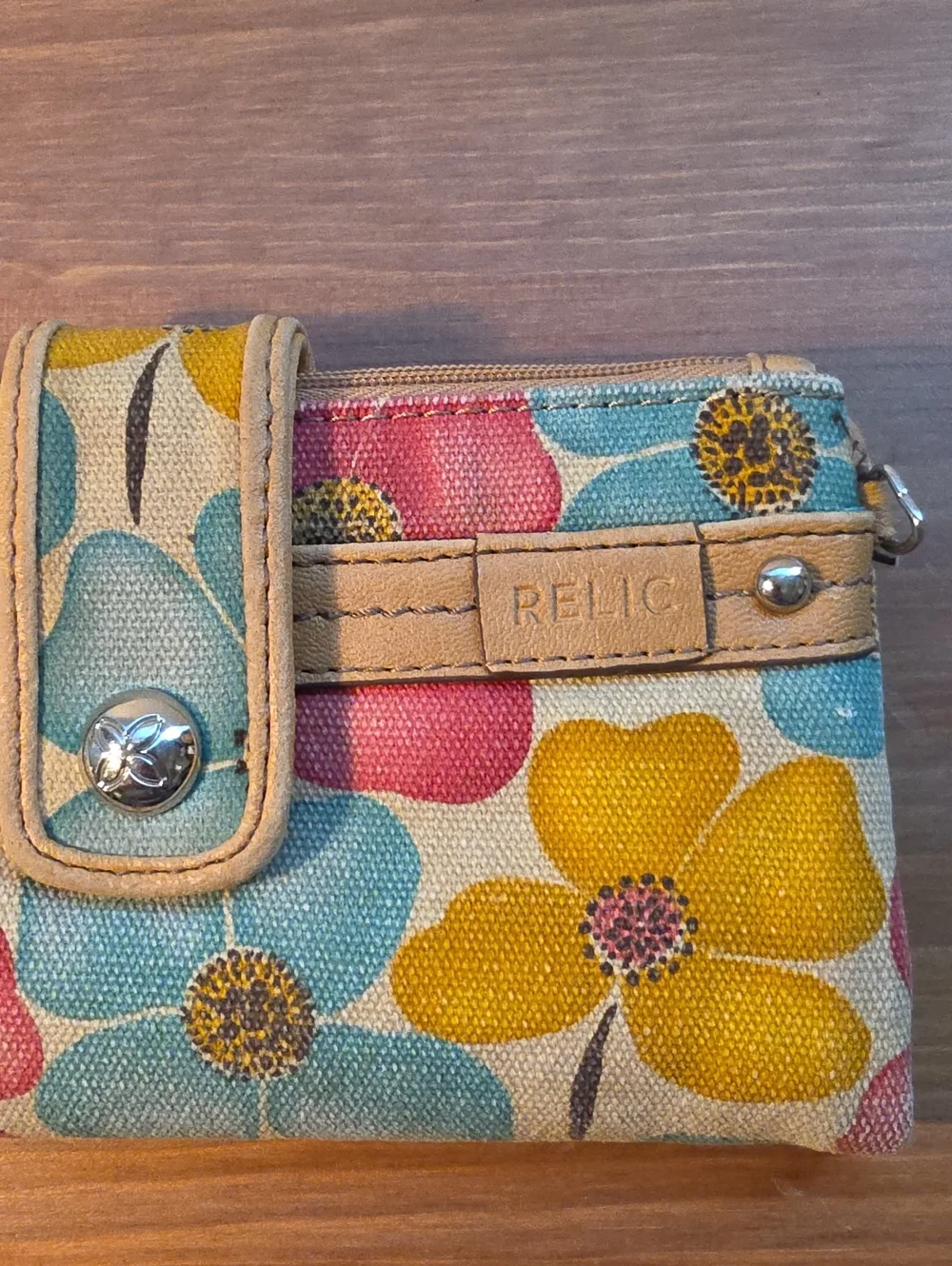 Relic Floral Canvas Wristlet in Yellow, Teal, Coral with Tan Trim - Picture 6 of 7
